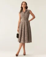 Brown Plaid Button Pleated Midi Dress - Image 3