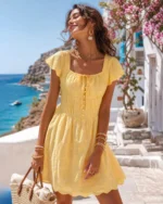 Yellow Square Neck Tie Button Mini Dress - Image 2