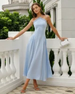 Blue Halter Contrasting Satin Maxi Dress