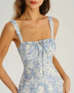 Blue Floral Ruched Slip Midi Dress - Image 3