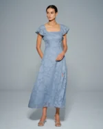 Blue Floral Square Neck Midi Dress - Image 8
