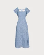 Blue Floral Square Neck Midi Dress - Image 3