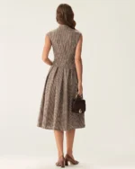 Brown Plaid Button Pleated Midi Dress - Image 5