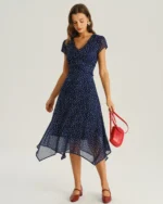 Navy Polka Dot Cap Sleeve Midi Dress - Image 3