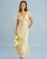 Yellow V Neck Lace Floral Maxi Dress